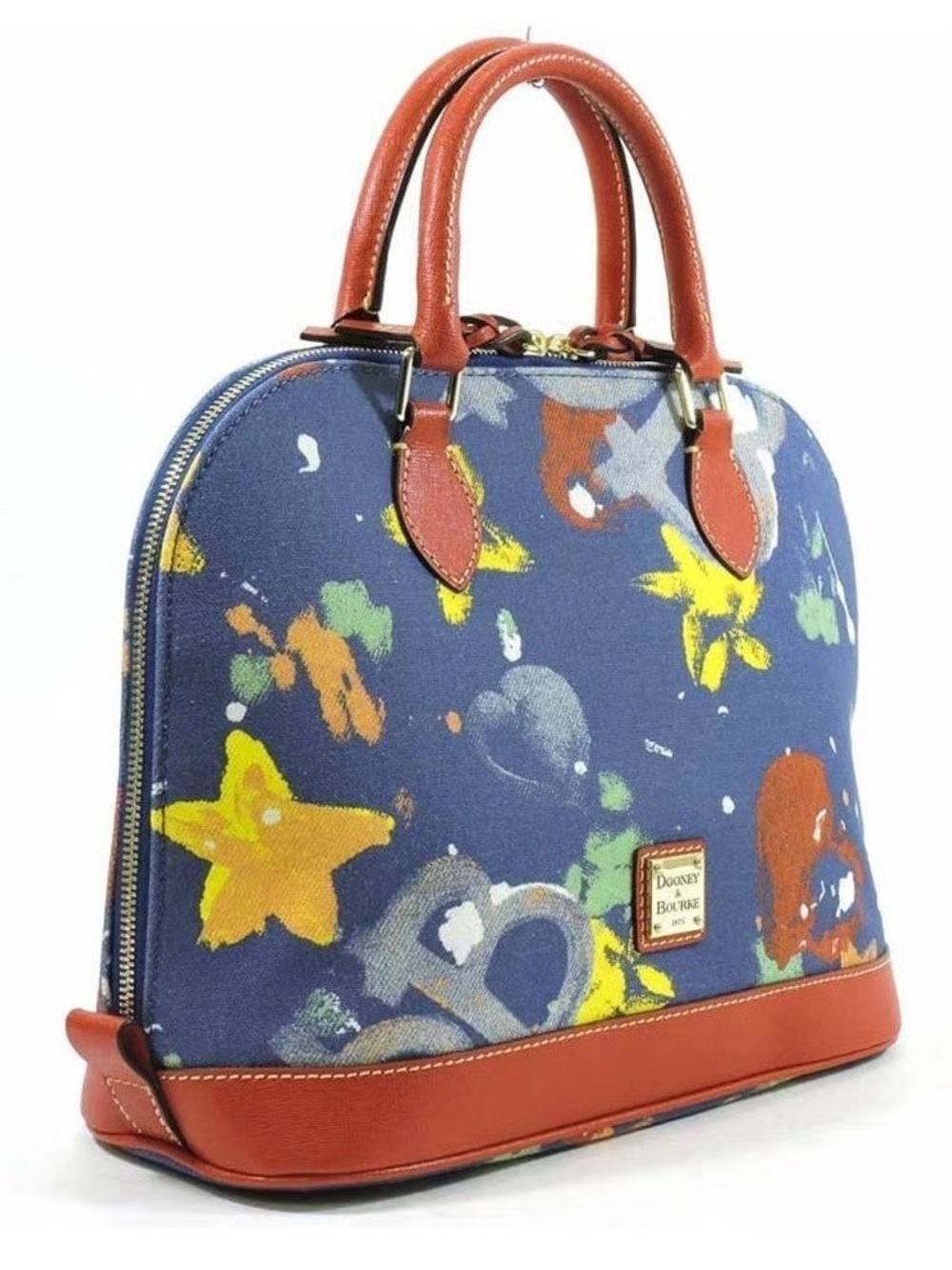 Dooney & Bourke Navy Graffiti Floral Canvas Dome Satchel with Brown Trim